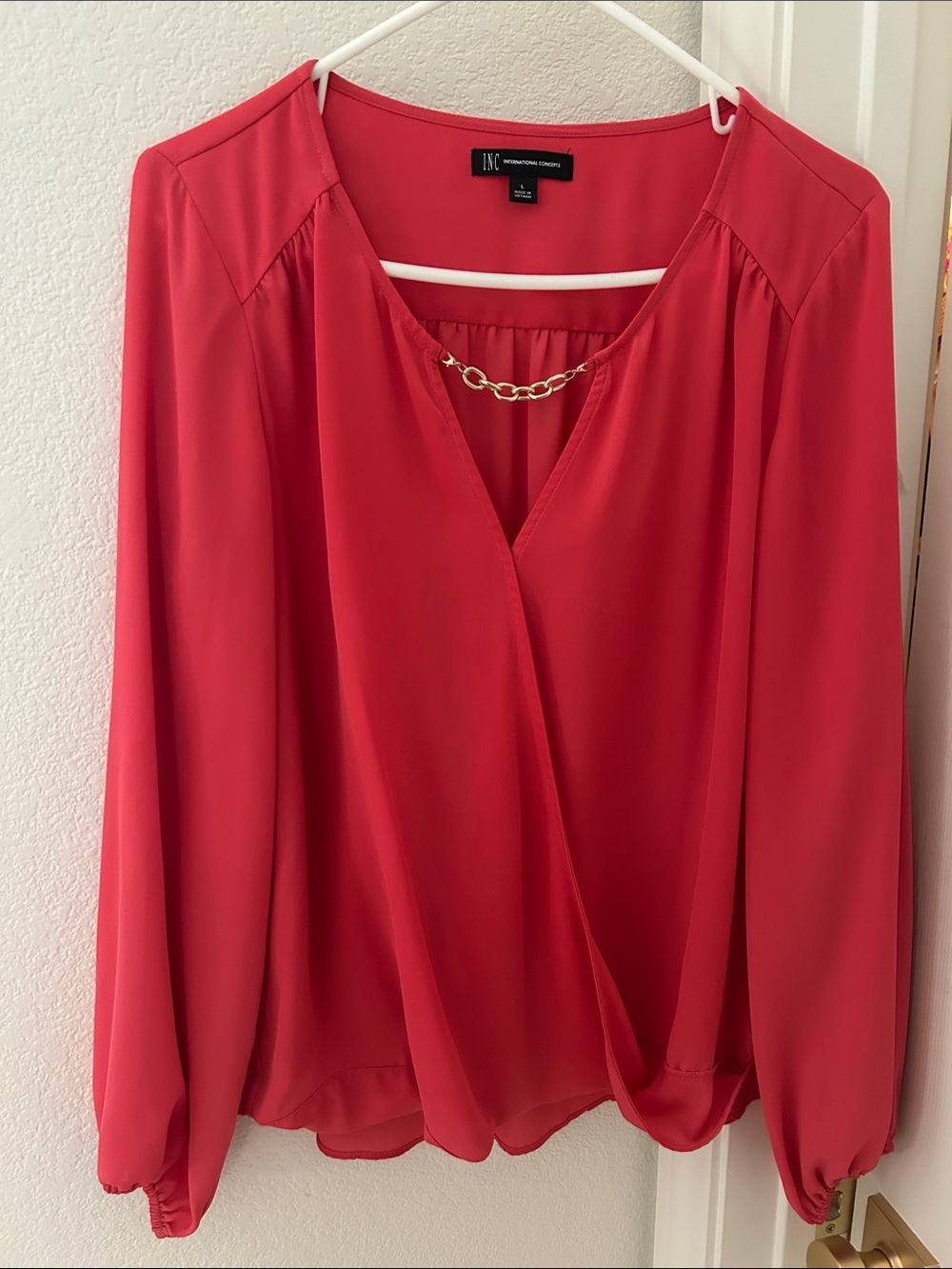 INC International Concepts Coral Surplice Blouse with Chain Accent